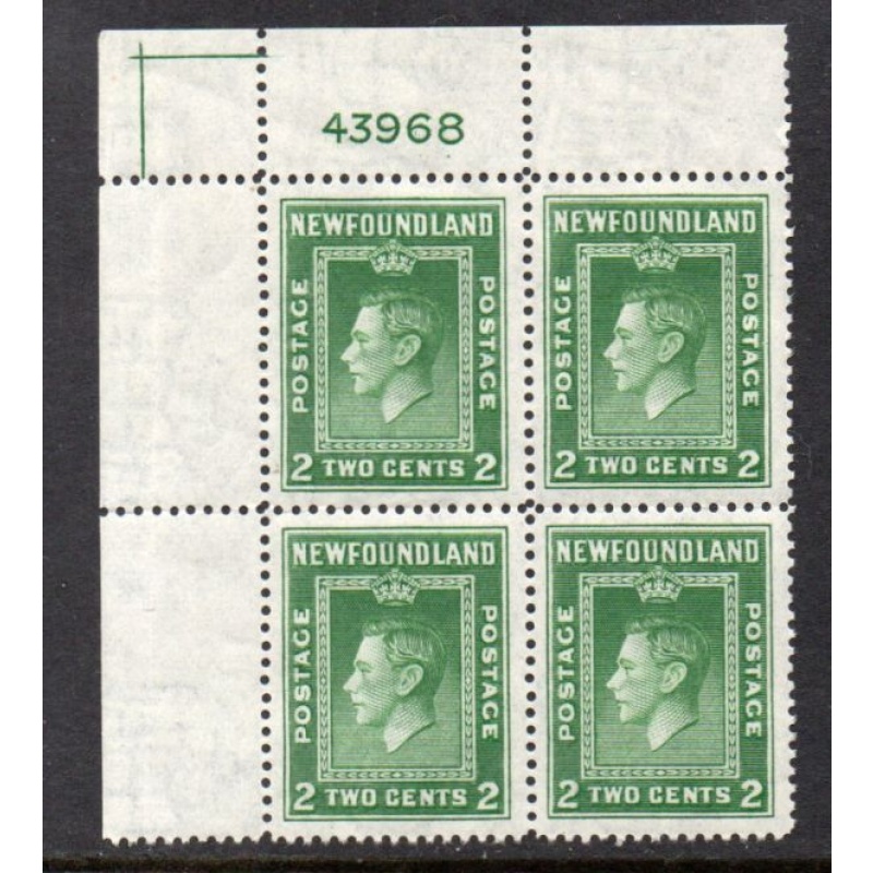 Newfoundland Sc 254 2c G VI stamp Upper Left Plate Block of 4 mint NH