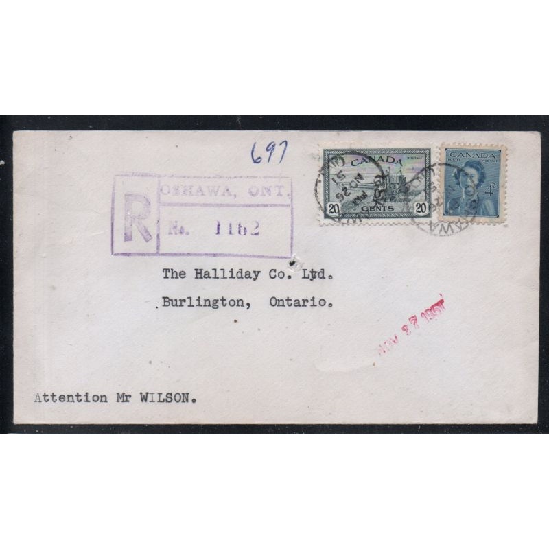 Canada Oshawa, Ont to Burlington Registered 1951 cover RPO cancel