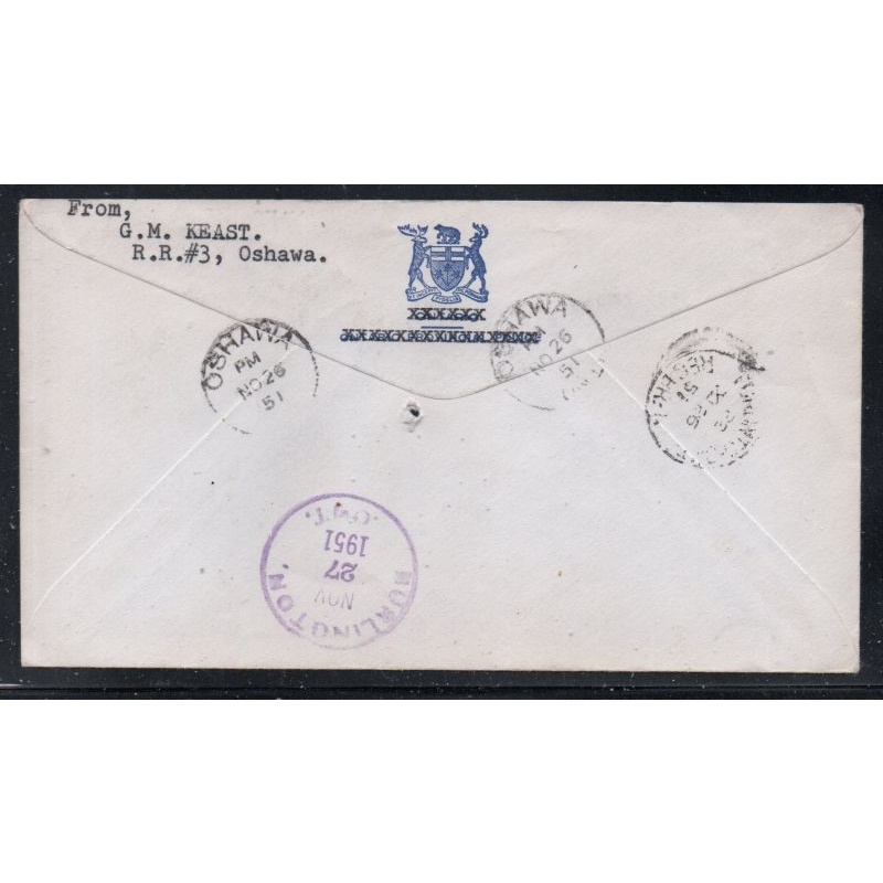 Canada Oshawa, Ont to Burlington Registered 1951 cover RPO cancel