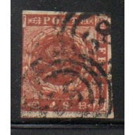 Denmark Sc 4 1854 4 sk brown Royal emblems stamp used 3 ring cancel