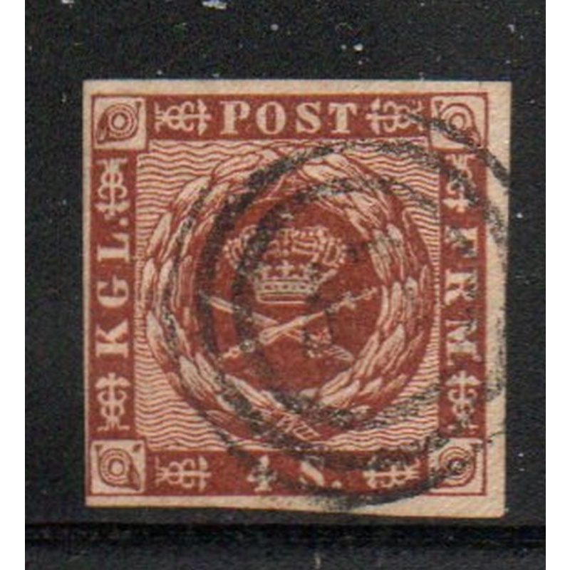 Denmark Sc 7 1858  4 sk yellow brown Royal emblems stamp used 3 ring