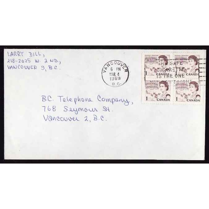 Canada-#12016-1c(block of 4) Centennial on cover-Vancouver,BC-Mar 4 1968-4c