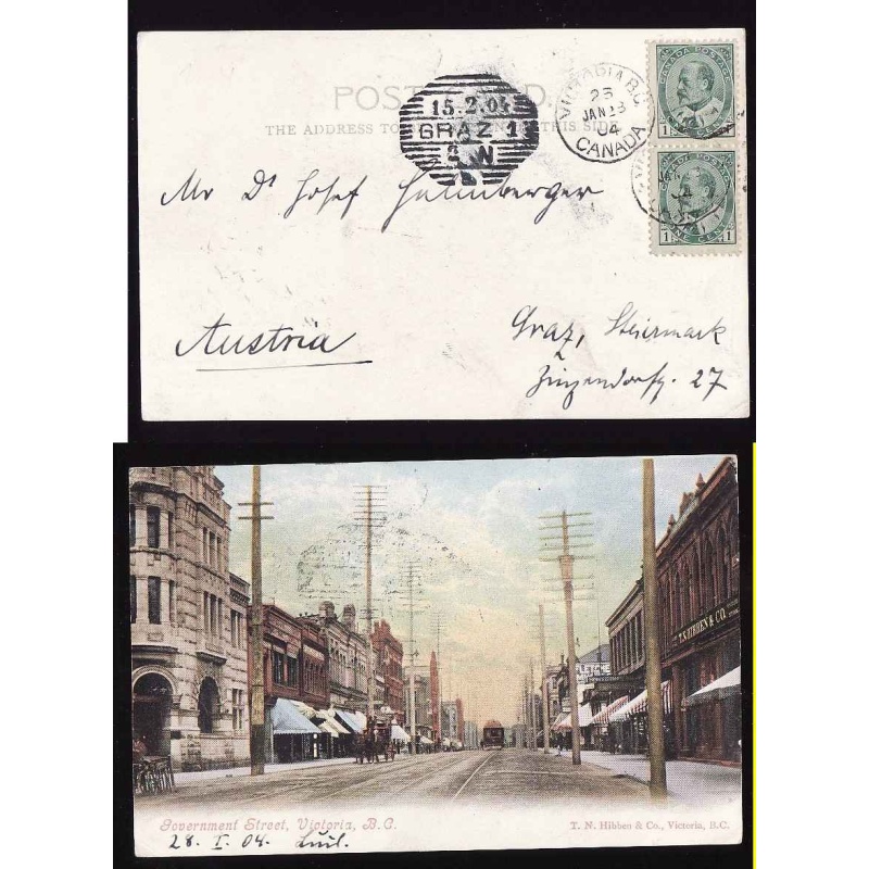 Canada-#8716-1c(2) Edward-p/c-Vancouver ,BC-Jan 13 1904-2c UPU p/c rate to Austria -