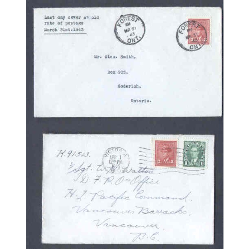 Canada-#9648-3c KGVI war-Lambton Cnty-Forest,Ont-Mr 31 1943[last day of 3c rate for