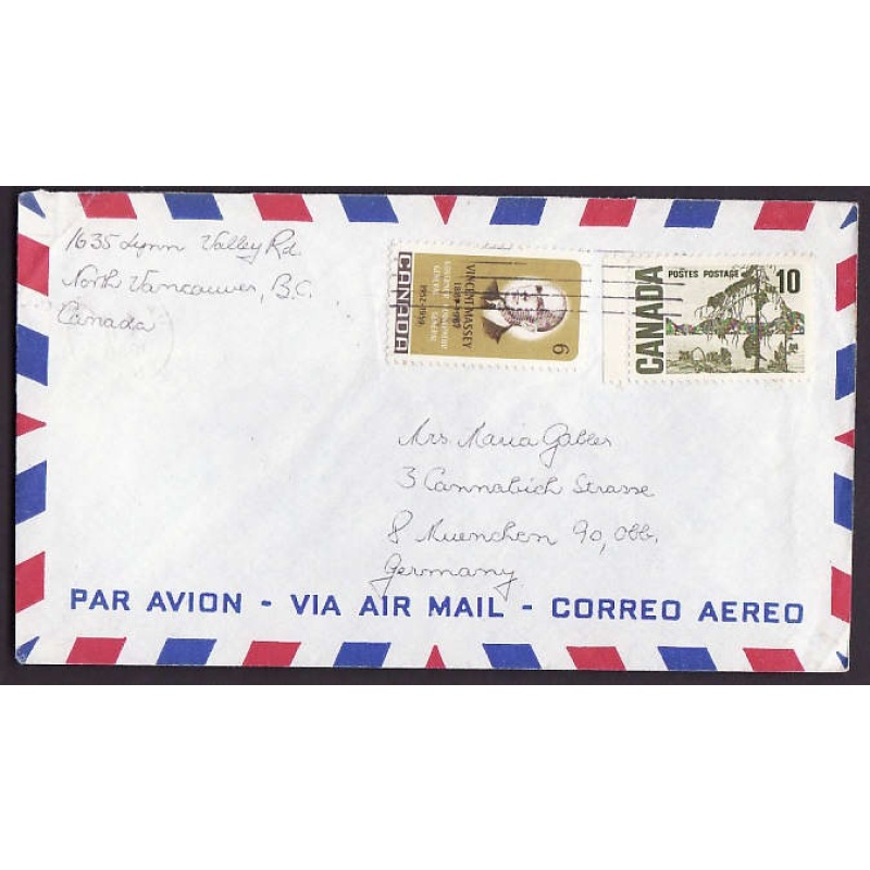 Canada-#9944-10c Jack Pine+6c Vincent Massey airmail to Germany-Vancouver,BC