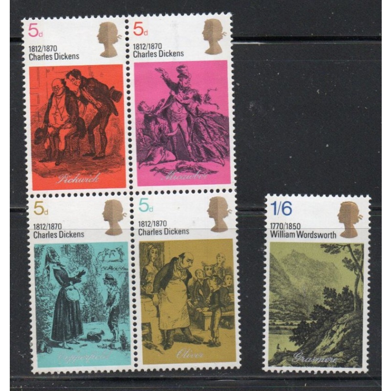 Great Britain Sc 617-621 1970 Dickens & Wordswortth stamp set mint NH