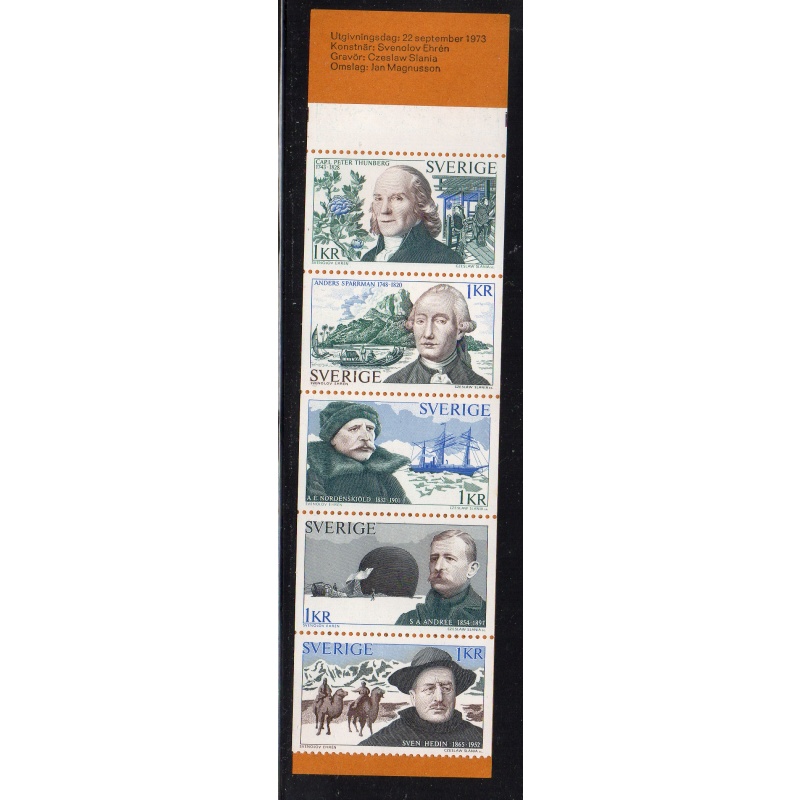 Sweden Sc 1009a 1973 Swedish Explorers stamp booklet pane of 5 mint NH